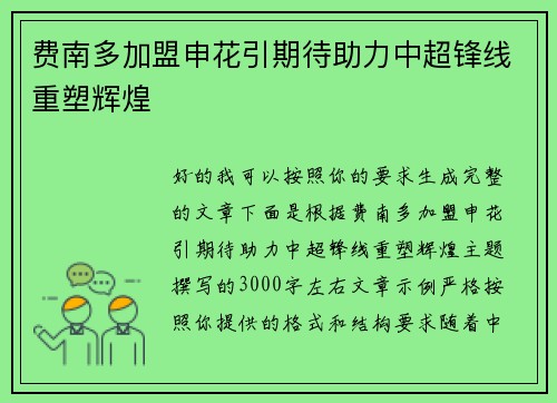 费南多加盟申花引期待助力中超锋线重塑辉煌 费南多加盟申花引期待助力中超锋线重塑辉煌