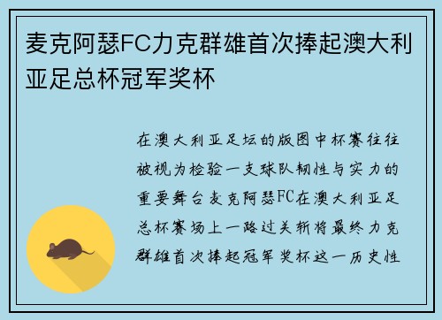 麦克阿瑟FC力克群雄首次捧起澳大利亚足总杯冠军奖杯 麦克阿瑟FC力克群雄首次捧起澳大利亚足总杯冠军奖杯