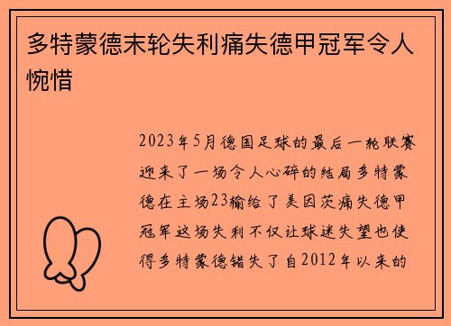 多特蒙德末轮失利痛失德甲冠军令人惋惜 多特蒙德末轮失利痛失德甲冠军令人惋惜