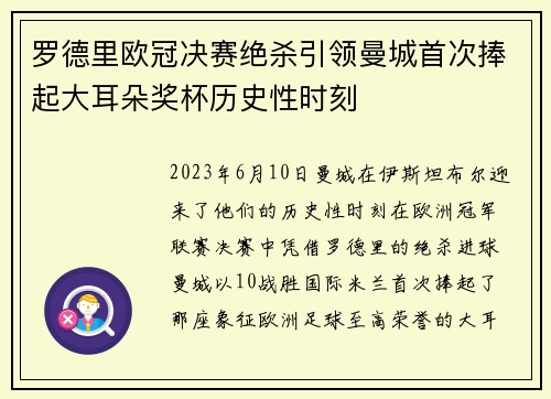 罗德里欧冠决赛绝杀引领曼城首次捧起大耳朵奖杯历史性时刻