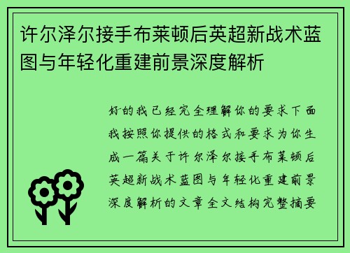 许尔泽尔接手布莱顿后英超新战术蓝图与年轻化重建前景深度解析